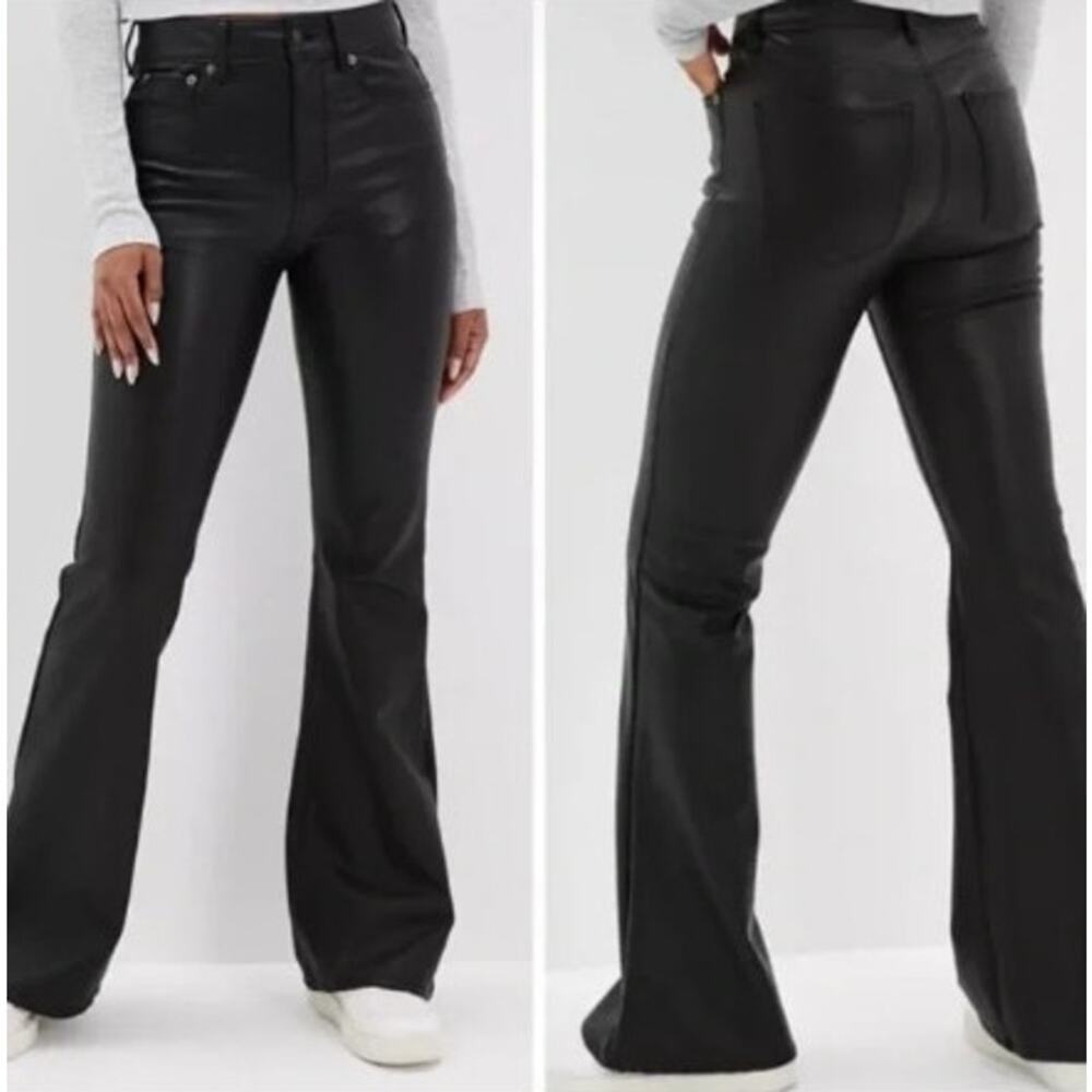 American Eagle Curvy High Rise Kick Boot Black Vegan Leather Pants 14 Reg